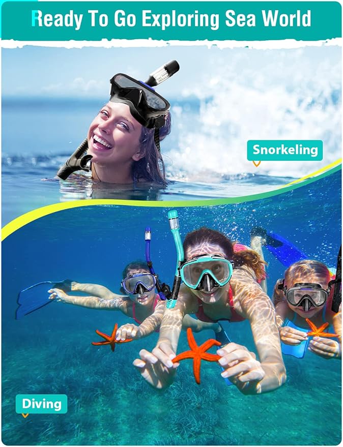 Snorkel Set Adults Snorkeling Gear Anti-Fog Panoramic View Swim Mask Dry Top Snorkel Kit with Carry Bag for Snorkeling Scuba Diving Swimming Travel