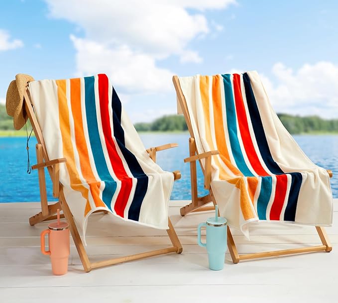 Loon & Lake Luxury Beach Towels Set of 2 - Retro Stripes | 2 Pack 30" x 60" | Crafted from 100% Combed Cotton | Ultra Plush & Super Soft | Retro Collection 1977