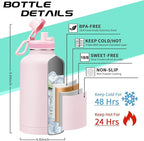 Half Gallon Water-Bottle with Straw - Pop-up Chug Lid (Cold 48H & Hot 24H) 64oz Insulated Water Bottle Flask with Sleeve Strap, Paracord Handle, Bottle Boot, Pink Stainless Steel Metal Water Jug