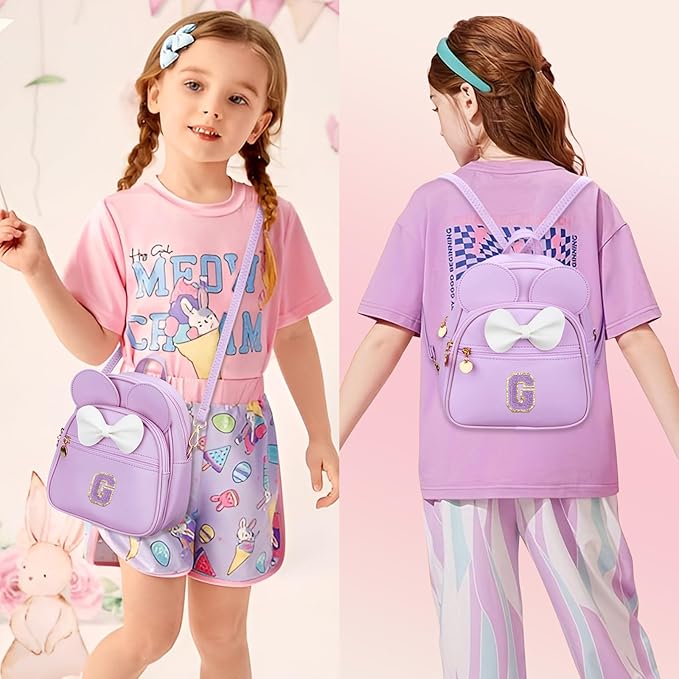 KKXIU Girls Initial Bowknot Cute Mini Backpack for Toddler, Travel Small Girl Backpacks, Personalized Birthday Gifts for Little Girls and Kids(G, Purple)