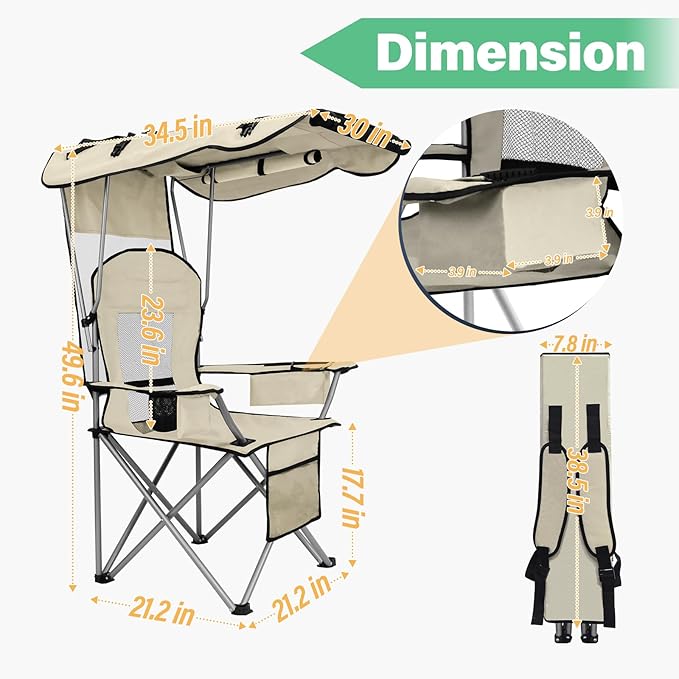 BDL Camping Chair with Canopy Shade Portable Folding Beach Chairs with Cooler, Mesh Backrest, Cup Holder, and Pocket for Camping, Fishing, Beach, and Sports,White