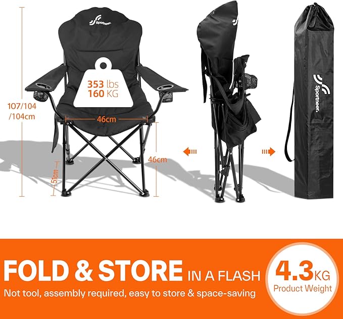 Sportneer Folding Camping Chair: 3 Adjustable Angle Camping Chair with Backrest Headrest & Carry Bag - Portable Folding Chair for Camping Outdoor, 1 Pack