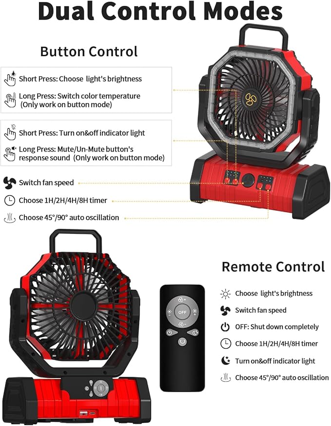ADUST Camping Portable Battery Operated Powered Fan with LED Lantern Light 20000mAh Rechargeable, Oscillating Fan with 360° Rotation Hanging Hook for Tents, Cordless USB Desk Fan(Red)