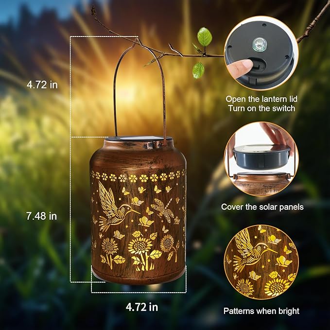 Hummingbird Lantern Solar Outdoor, Birthday Gifts for Women, Solar Light Outdoor Waterproof LED Decorative Garden for Lawn, Landscape, Patio, Porch Hanging Lantern for Ladies, Mom, Grandma