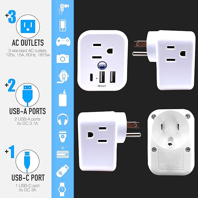 Cruise Approved Power Strip Non Surge Protector for Cruise Ship Multi Plug, 6 Outlets, 2 USB-A, 1 USB-C, & 3 AC Outlet for Carnival, Celebrity, Princess, Norwegian & Major Lines in 2026 & 2027
