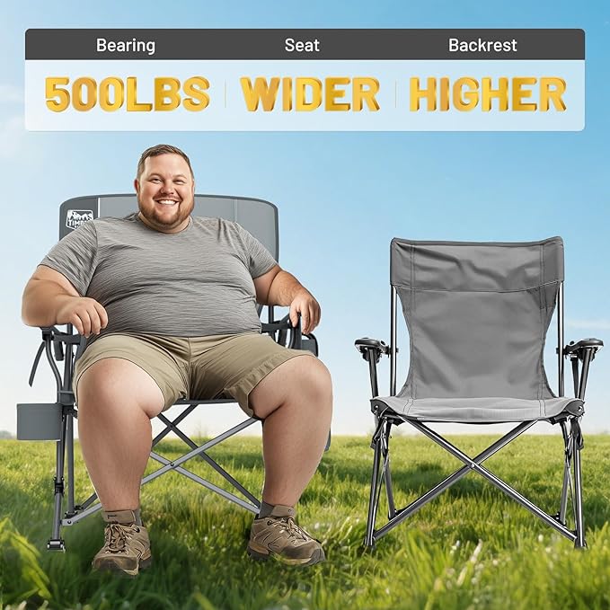 TIMBER RIDGE Oversized Folding Camping Chair with Lumbar Support Adjustable High Back Heavy Duty for Adults Support up to 500lbs with Cup Holder, Cooler Bag, Side Pocket, Grey