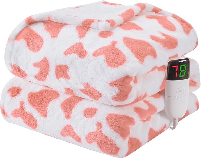Cow Print Heated Electric Blanket Full Size,72X84 Pink Heating Blanket with 10 Heats Levels & 8 Hours Auto Off,Cute Cow Fleece Sherpa Blankets Warmer Gifts for Women Adults,Washable,ETL