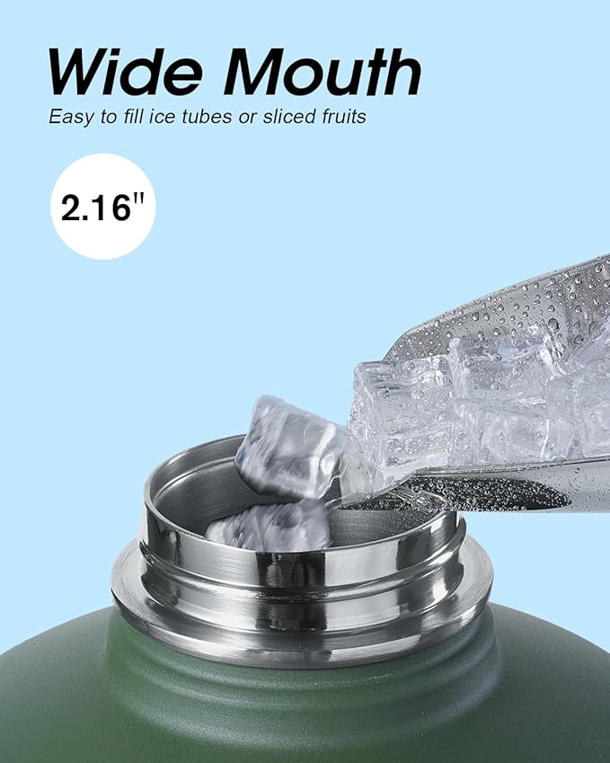 Coolflask 128 oz Gallon Water Bottle Insulated with Straw&3 Lids, Water Jug Large Stainless Steel Metal Vacuum Wide Mouth for Sports, Gym or Office, Non-BPA Keep Cold 48H Hot 24H, Dark Green