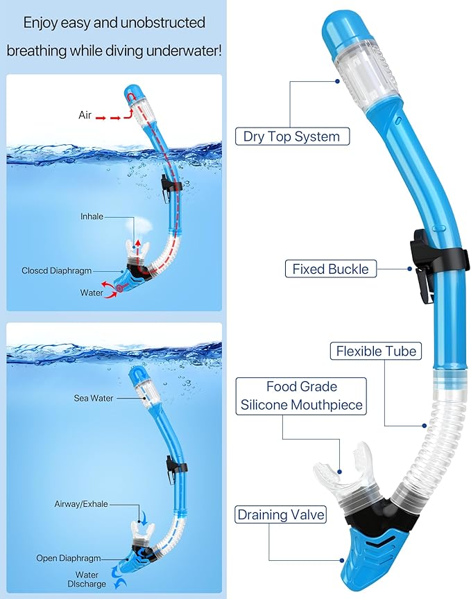 Snorkeling Gear for Adults Men Women,4 in 1 Snorkel Set with Panoramic View Diving Mask Anti-Fog Anti-Leak,Dry Top Snorkel,Fins and Travel Bag for Swimming,Snorkeling and Travel Diving