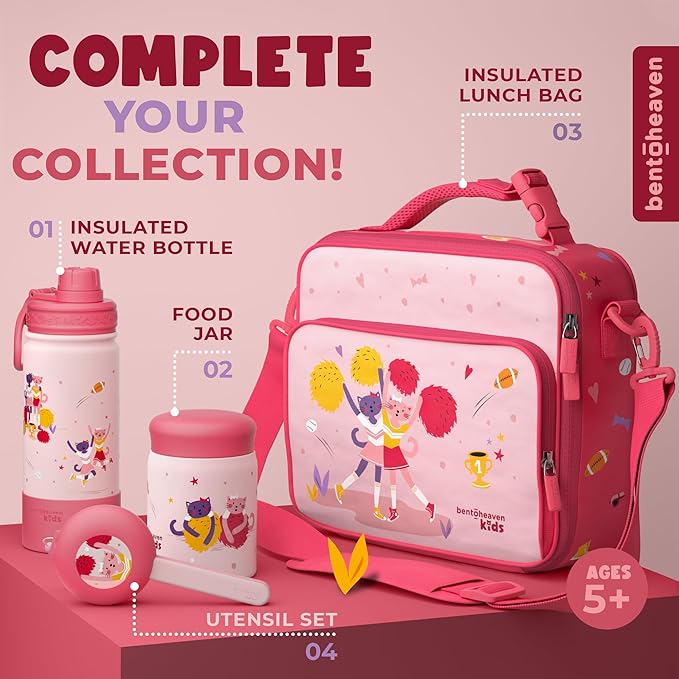 Bentoheaven Kids Water Bottle Stainless Steel for Boys & Girls, 2 Lids (Chug & Straw), Handle & Silicone Boot, Reusable Metal Leak-proof Insulated Tumbler, School & Sports 17oz (Pink)