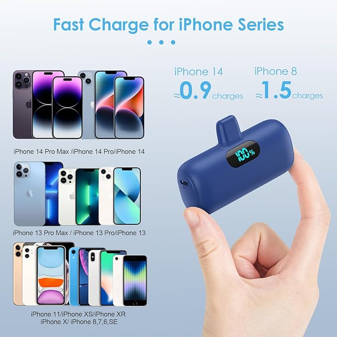Feob Small Portable Charger for iPhone,Upgraded 5000mAh PD Fast Charging Power Bank,Mini Plug-in Battery Pack Backup foriPhone 14/14 Pro Max/13/13 Pro/12 Pro/11/XS/XR/X/8/7/6 etc-Blue(HX45X2)