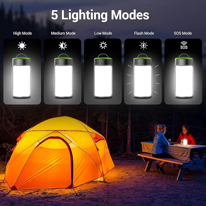 LED Camping Lantern, CT CAPETRONIX Rechargeable Camping Lights with 400LM 5 Light Modes, Water-Resistant Lanterns for Power Outage Hurricane Emergency Camping (2 Pack, Black & Green)