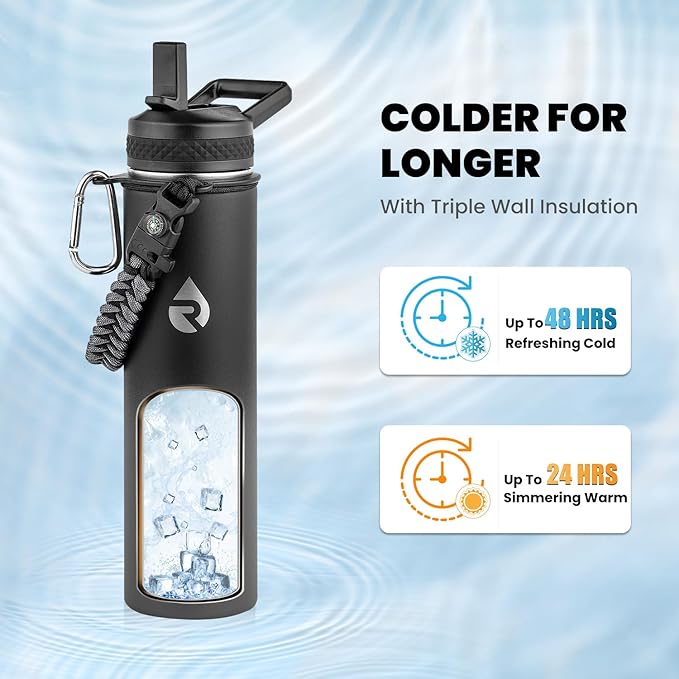 Insulated Water Bottle 24oz, Triple Wall Vacuum Stainless Steel (Cold for 48 Hrs, Hot for 24Hrs), Leak Proof & Non-BPA, 24oz Hydro Water Flask with Paracord Handle & Straw Spout Lids