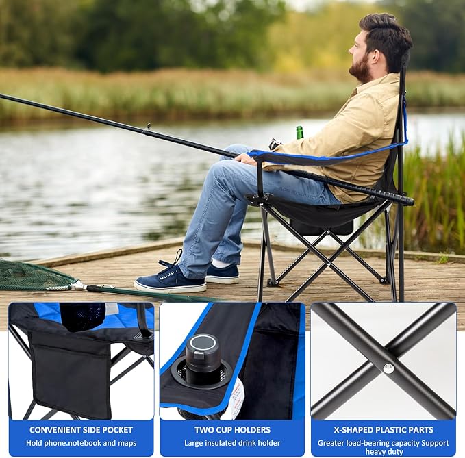 EMERIT Oversized Padded Camping Chair, 350LB Heavy Duty Quad Fold Chair with Arms, Collapsible Outdoor Chairs with Lumbar Back & Cup Holder