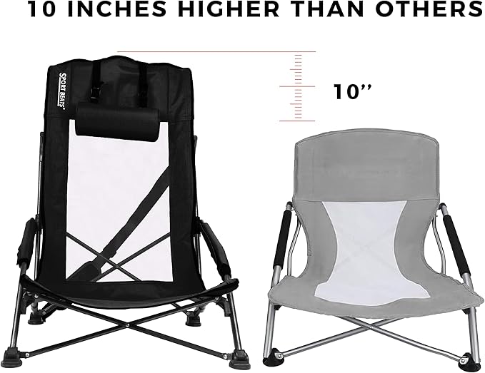 SPORT BEATS Low Beach Chairs Set of 2 Folding Beach Chairs High Back Support with Head Pillows Shoulder Straps