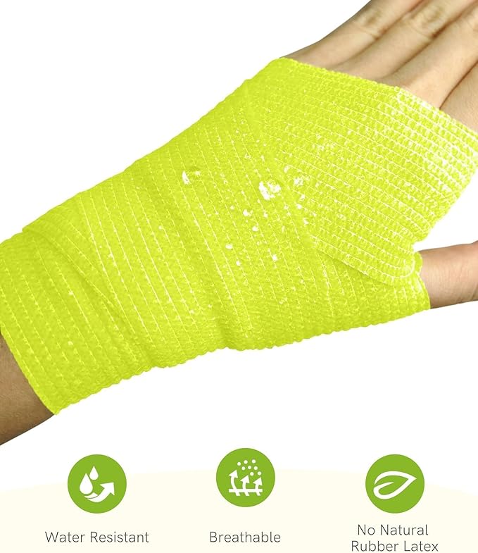 FriCARE Self Adhesive Bandage Wrap, Medical Tape in First Aid Kit, Cohesive Bandages for Wounds Sport Vet, FSA/HSA Eligible, 2 Inches X 5 Yards 6 Rolls, Fluorescent Yellow