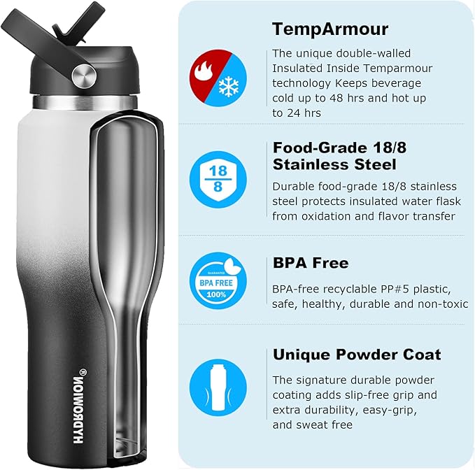 HYDROWION Insulated Water Bottle, 32oz Water Bottle with Straw Lid, Double Walled Leak Proof 32oz Vacuum Bottle (Cold for 48 Hrs,Hot for 24 Hrs) Fit in Any Car Cupholder, White&Black