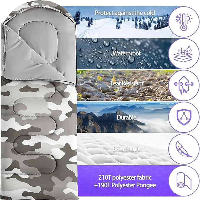 Sleeping Bags for Adults and Kids Backpacking Camping Sleeping Bags for Girls and Boys Lightweight Waterproof Cold/Warm Sleeping Bag for All Season