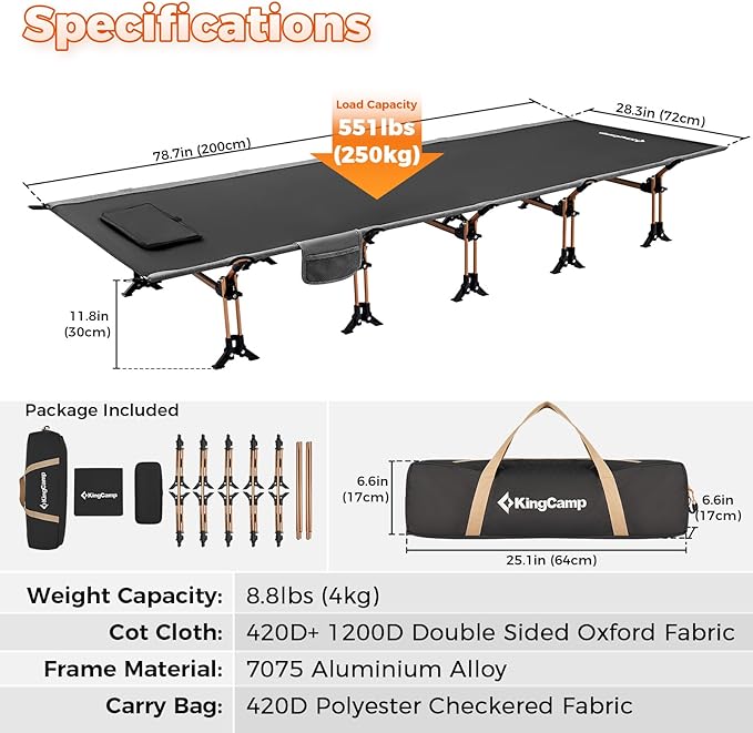 KingCamp Oversized XXL Camping Cot, Folding Portable Lightweight Ultralight Large Wide Heavy Duty 551lbs Sleeping Bed for Adult Backpacking Outdoor Travel Hiking Tent, Black
