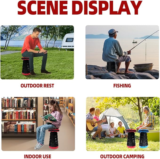 Portable Collapsible Stool - 4 Pillars Large Weight Capacity Travel-Friendly Folding Stool, Easy to Use Lightweight Telescoping Seat for Outdoor Activities, Camping & Hiking (Red)