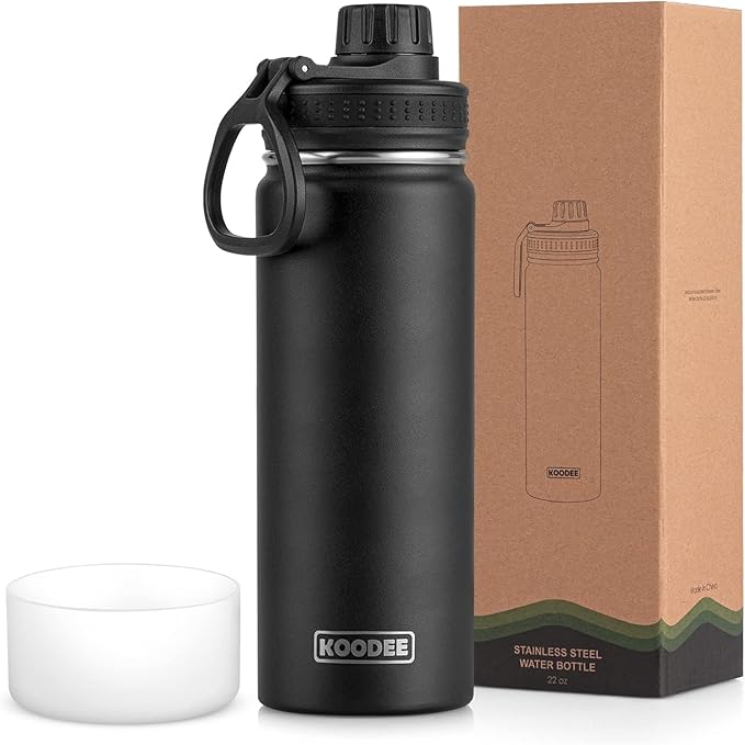 koodee 26 oz Insulated Water Bottle Stainless Steel Double Wall Vacuum Metal Sports Water Bottle with Leakproof Spout Lid, Wide Mouth Water Bottle (Black)