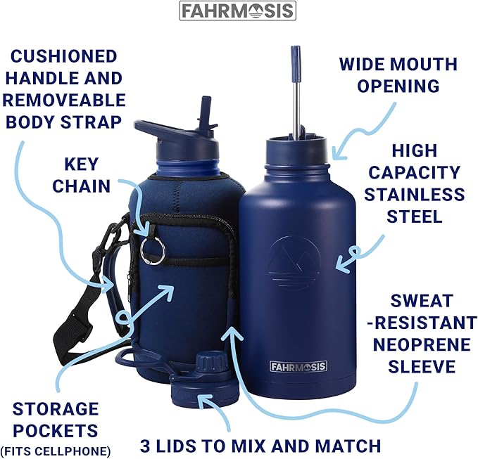 64 Oz Insulated Water Bottle with Strap Stainless Steel Sports Water Bottle with 3 Lids (Straw, Chug and Flip Lid) Leak Proof Metal Half Gallon Jug for Men & Women - Navy Blue