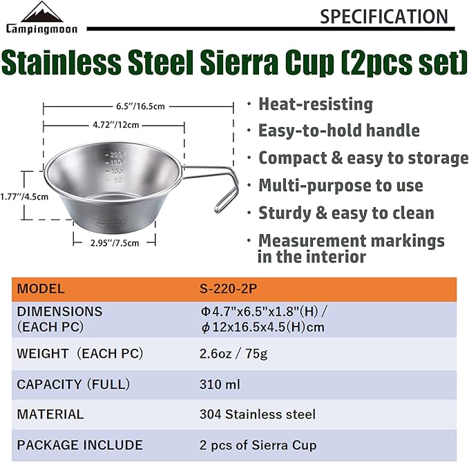 CAMPINGMOON 2pcs Set Stainless Steel Camping Sierra Cup 310ml S-220-2P (2pcs Set)