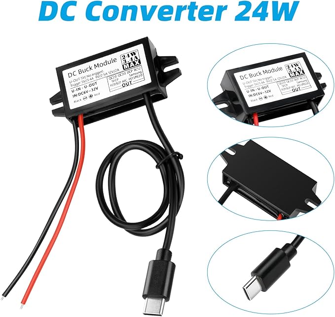 4-Pcs DC 12V/24V to 5V USB C Step Down Converter,Aideepen 3A 24W Type-C Output Charging Module Waterproof Buck Module Power Adapter