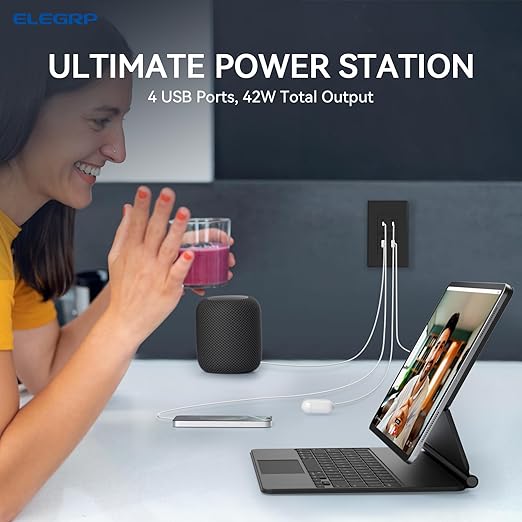ELEGRP 42W Fast Charge & Power Delivery 4-Port USB Charger, Wall Outlet with 4 USB Ports, UL/CUL Listed, Wall Plate Included, 6 Pack, Matte Black