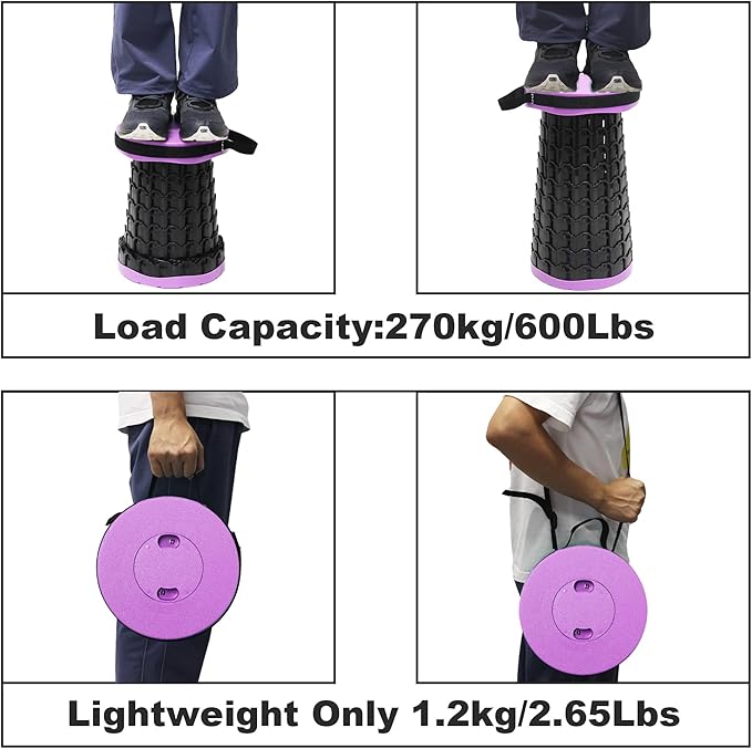 ALEVMOOM Collapsible Stool with Cushion, H18.3 D10.24 Portable Telescoping More Sturdy Load Capacity 600Lbs, Retractable Adjustable Camping Folding Stool for Outdoor Hiking BBQ Climb