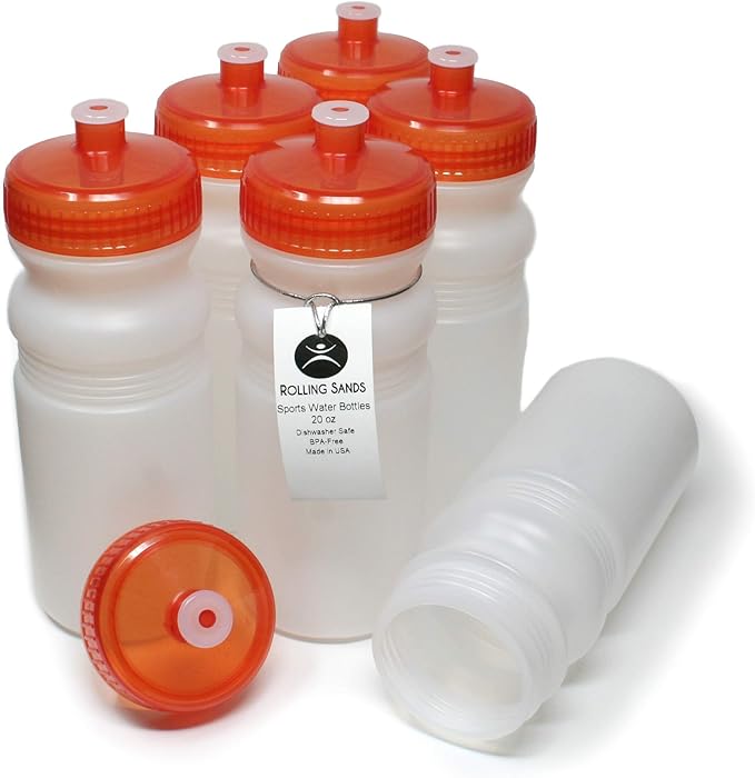 Rolling Sands USA Made 20 Ounce Sports Water Bottles - 6-Pack BPA-Free Blank Sports Bottles for Small Teams, Adults & Kids - Clear Frost Bottle/Orange Lid, No Smell No Taste