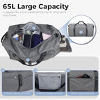 Fmeida 65L Duffle Bag with Shoes Compartment, Foldable Travel Duffel Bags for Men Women, Large Packable Travel Bag Water Repellent & Tear Resistant (Gray)