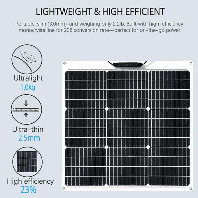 Flexible Solar Panel 50W 12V Monocrystalline Module Fiberglass Lightweight Charge for RV Trailer Boat Cabin Van Car Uneven Surfaces (50W-1)