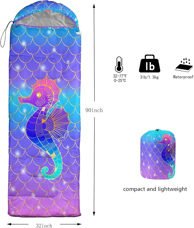 HOSIMA Cartoon Axolotl Sleeping Bags for Kids 10-12,Blue Cartoon Kids Sleeping Bags for Girls Boys,Compact Sleeping Bag for Camping Essentials and Hiking.