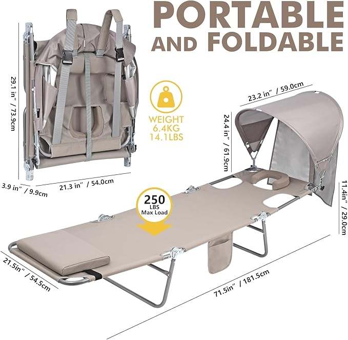 Backpack Beach Tanning Chair with Canopy and Face Hole, 6-Position Folding Lay Out Lounge Chair, UPF 50+ Wind-Resistant Sun Shade, Portable Recliner for Sunbathing, Outside, Poolside, Lawn, Patented