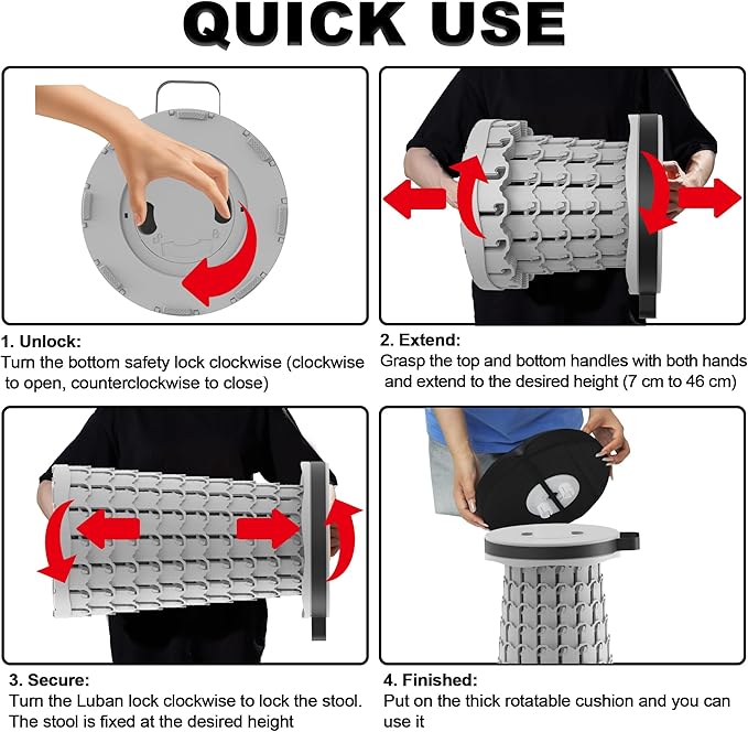 ALEVMOOM Upgraded Portable Collapsible Stool with Cushion, Telescoping Folding Stool for Adults, Lightweight Yet More Sturdy Capacity 600 lbs for Camping Fishing Hiking BBQ