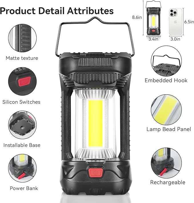 AlpsWolf Camping Lantern Rechargeable, 1000LM 4000mAh Rechargeable Lanterns 4 Light Modes LED Lantern for Camping, Hiking, Power Outages, Emergencies (2Pack-Black)