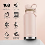 ThermoProof Double-Walled Vacuum Insulated Stainless Steel Water Bottle - Wide Mouth Canteen, Spout & Straw Lids, Dishwasher Safe, Reusable, Leakproof, Hot & Cold for Men, Women & Kids - 32oz, Taupe