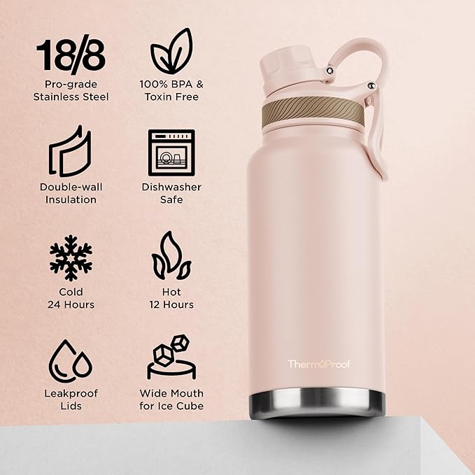 ThermoProof Double-Walled Vacuum Insulated Stainless Steel Water Bottle - Wide Mouth Canteen, Spout & Straw Lids, Dishwasher Safe, Reusable, Leakproof, Hot & Cold for Men, Women & Kids - 32oz, Taupe