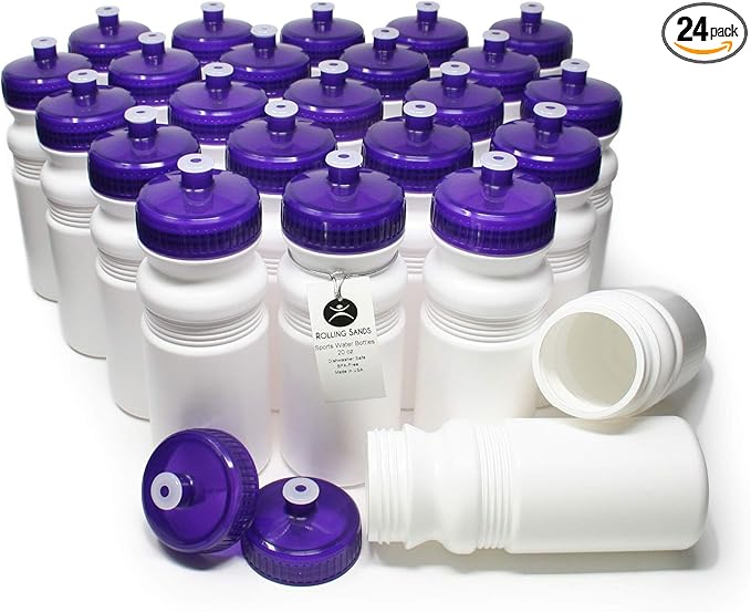 Rolling Sands USA Made 20 Ounce Sports Water Bottles - 24-Pack Bulk BPA-Free Blank Sports Bottles for Teams & Classrooms - White Bottle/Purple Lid, No Smell No Taste