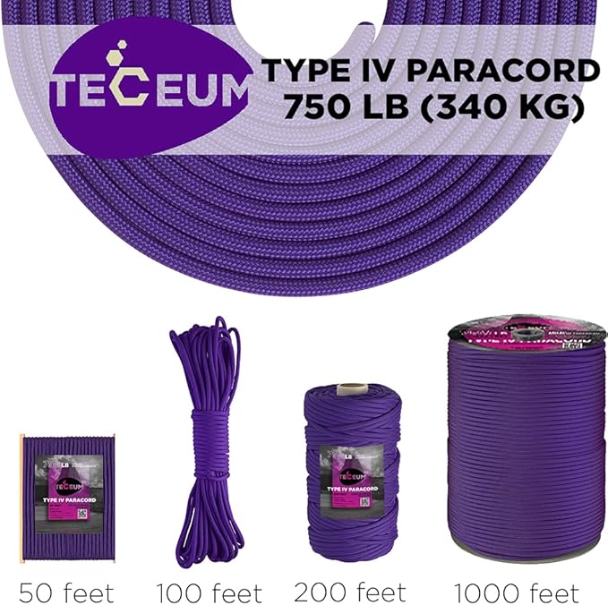 TECEUM 5/32" Paracord Rope 1000 – 1000ft / 200ft / 100ft / 50ft – Tactical Parachute Cord 4mm – 45+ Colors – Nylon String for Survival & Camping Gear – Stripe Cord for Survival – Utility Rope