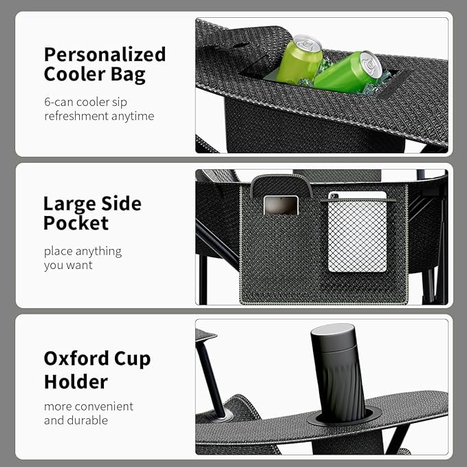 Heavy Duty Folding Chair 500LB Capacity, Oversized Camping Chairs with Cup Holder, Cooler Bag & Storage Pouch, Double-Layer Fabric, Outdoor Chairs for Sports, Lawn Chairs (2, Black Grey, Extra Large)