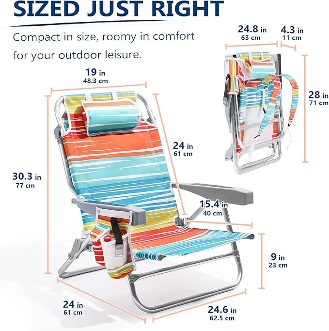 5-Position Aluminum Lay Flat Backpack Beach Chair, Compact Portable Low Beach Chairs for Adults with Cooler Pouch, Storage Pouch, Towel Bar, Cup Holder & Phone Holder, Multicolor Stripe