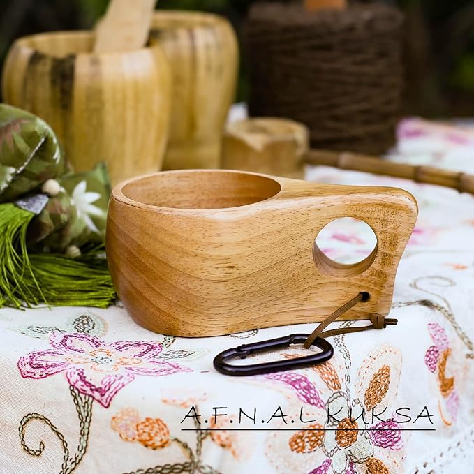 Kuksa Camping Mug Wooden Bushcraft Handcarved Cup, Nordic Style Coffee & Hiking Kuksa, Rubber Wood with Double Hole & Engraved Pattern, 7.1 oz., 6.3" x 3.8" x 2.6"