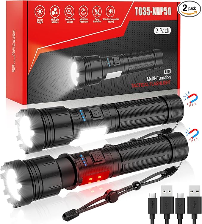 Magnetic Flashlight Rechargeable, High Lumens Super Bright Small LED Pocket Flashlights with COB Side Light, Type C, Zoomable, 7 Modes, IPX7 Waterproof Best Tactical Flash Light for Camping