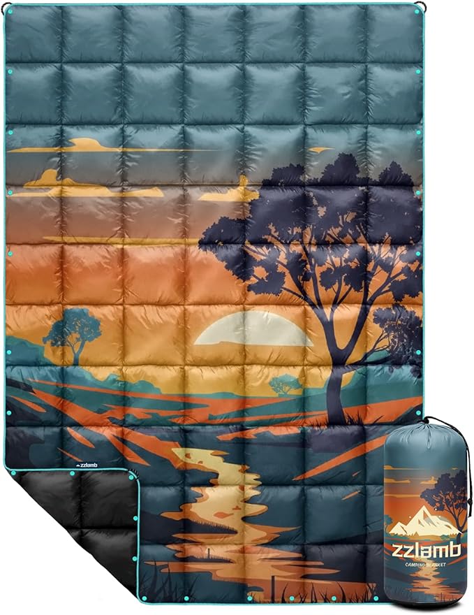 zzlamb Camping Blanket, Outdoor Lightweight Travel Blanket Puffy Portable Down Alternative, Windproof Warm Cloak with Snaps, Cozy Quilt Backpacking Picnic RV Plane Car Hammock Beach Climbing