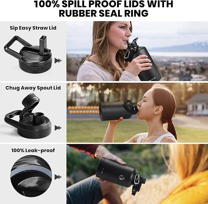 One Gallon Water Bottle Insulated, Triple Walled Vacuum Stainless Steel (Cold for 48 Hrs), Leak Proof & Non-BPA, Large Water Flask Jug with Paracord Handle & Straw Spout Lids