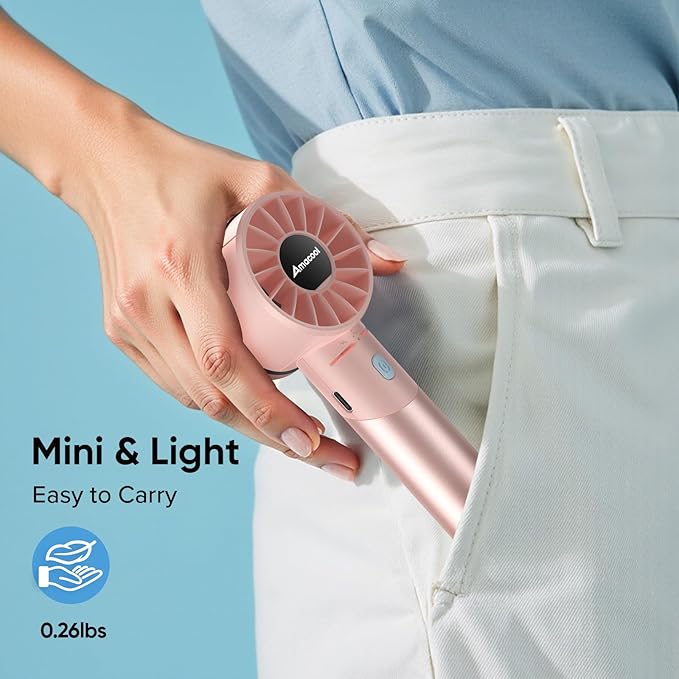 AMACOOL Portable Handheld Turbo Fan, 17Hrs Runtime, 4 Speeds Wind, Cool Metal Body, Rechargeable Battery Personal Fan, Mini Pocket Fans for Girl Woman Man Travel Makeup Camping Outdoor-Pink