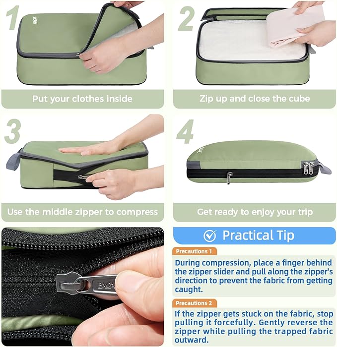 BAGAIL 4 Set/6 Set/8 Set Compression Packing Cubes Travel Accessories Expandable Packing Organizers (Cloth Pattern, 4-Matcha Green)