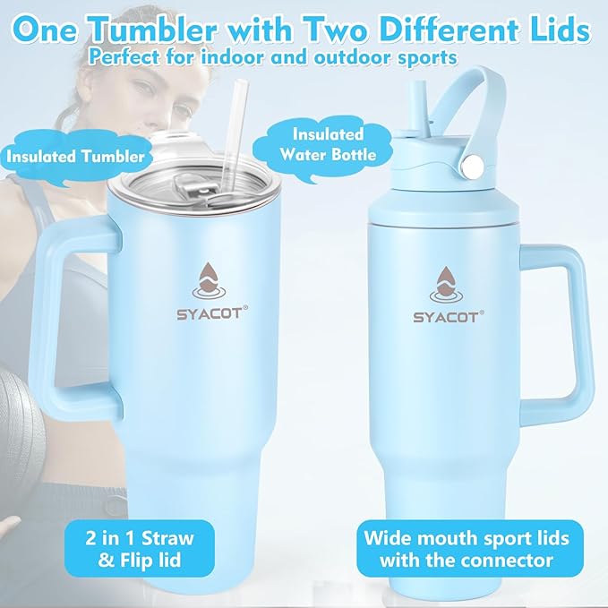 40 oz Tumbler with Handle and Straw or Convert to 40 oz Insulated Water Bottle Fits in Cup Holder. Stainless Steel Metal Water Flask with 2 Lids for Travel,Camping,Gym Sports Coffee Mug Thermal Cup